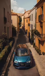 a car parked on the side of a road next to several buildings