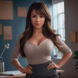 a woman with long hair standing in front of a desk