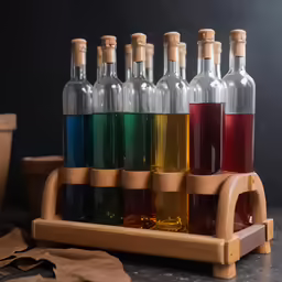 various colored wine being filled in bottles with brown corks