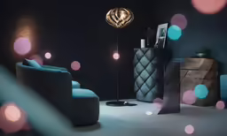 a room with bright blue and pink lights, chairs, and a light fixture