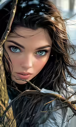 the woman is dressed in winter clothing with branches