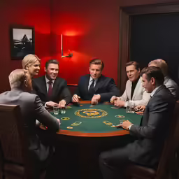 five men and one woman are playing blackjack at a poker table