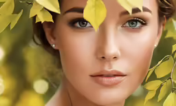 a woman is wearing brown makeup and leaves over her face