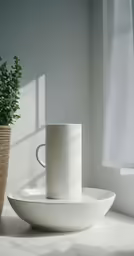 a large white mug and a plant are set on the table