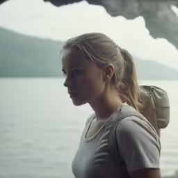 a woman is looking over the edge of water