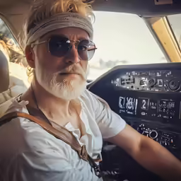 an older man wearing sunglasses and a headband sits in the cockpit of a plane
