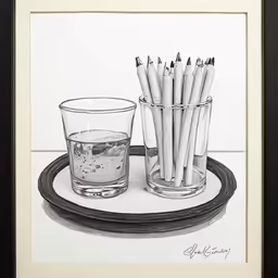 black and white drawing of pencils, a cup and glass of water