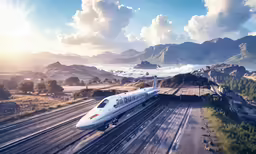 an airport with a train and mountains in the background