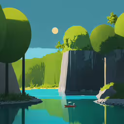 illustration of an island scene with boat going out to sea,there is a lake with trees and a boat on it