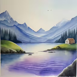 this painting is very artistic, it has an unkempt landscape that resembles mountains,a painting of mountains surrounding a lake