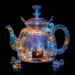 a teapot filled with a photo and glass decorations