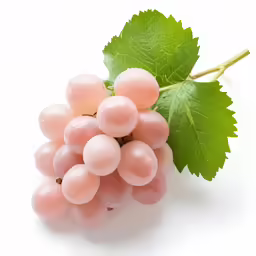 the small cluster of pink grapes is next to a green leaf