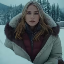 blonde woman in red coat standing outdoors with trees in background