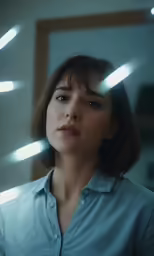 woman looking out window with light streaks over her head