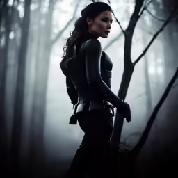 the beautiful woman wearing a cat suit is in the fog