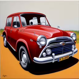 a painting of an older station wagon on display in a museum,this painting depicts an old, rusted red car on the road
