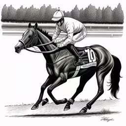 the drawing shows a jockey on top of a horse in a race,a drawing of a jockey riding on the back of a horse