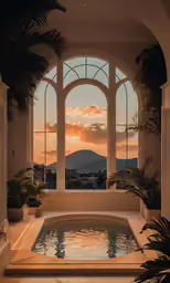 a large spa tub sitting under a window next to a palm tree