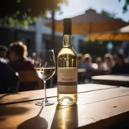 a bottle of wine sitting next to a glass