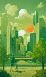 a person sits on a bench in front of the city,man sitting on bench in park area with cityscape background