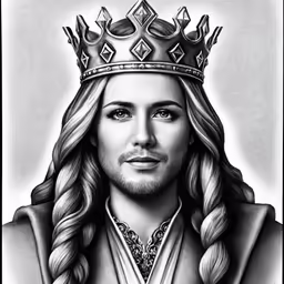 a drawing of a man with long hair wearing a crown