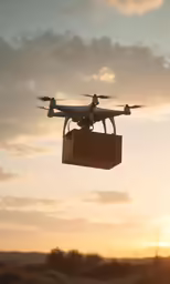 the unmanned camera flying above the horizon carrying a large package