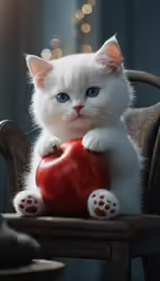there is a white cat sitting on a chair with an apple