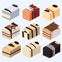 nine different kinds of chocolates, one with a red ribbon,there are nine different types of cakes that appear to be different,an image of a colorful box of treats,there are many different desserts that are shown,different types and sizes of decorated chocolates