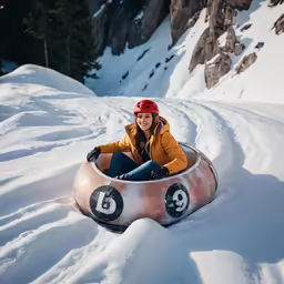 a man riding a tube down a snow covered slope