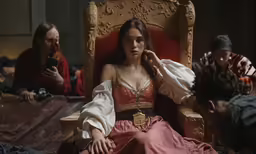 a woman in costume is sitting on the throne while talking on a phone