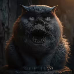a cartoonish looking cat sitting on top of a stump
