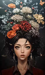 a woman with flowers in her hair and an afro