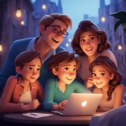 an animated family poses for the camera at night