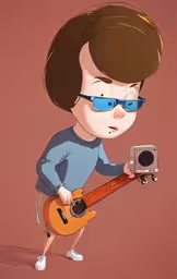 cartoon person playing a guitar with an old camera,a cartoon boy with a miniature camera attached to his guitar