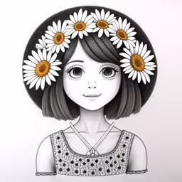the illustration has many daisies all over her face