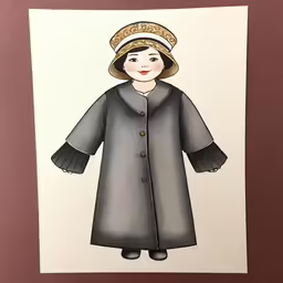a drawing of a woman in a gray coat with a hat on