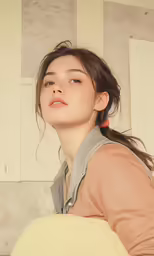 a woman sitting in a kitchen posing for the camera