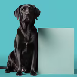 a black labrador dog sits in front of a white panel