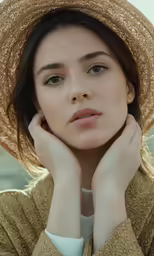 a woman posing for the camera with a hat on
