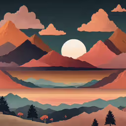 a landscape with mountains in the foreground and trees on the far side,the mountain range is lit up with the sun and moon