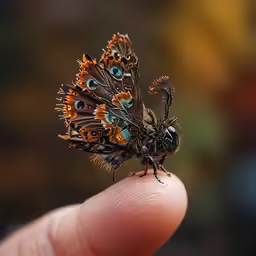 a tiny butterfly is perched on the finger of someone