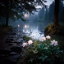 some white flowers and some water in a pond