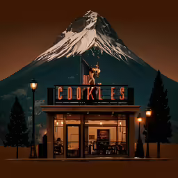 the exterior view of a small, fancy cafe with a giant mountain in the background