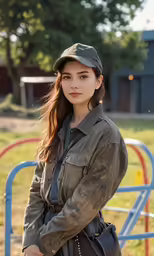 a woman is posing in an old fashion jacket
