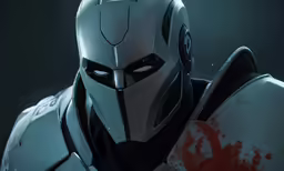 an batman mask with red blood coming from its mouth