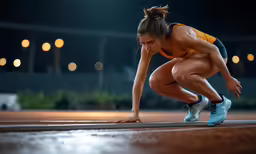 a young woman crouches on the ground at night, as she stretches out her legs to dry off