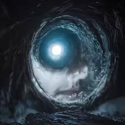 a close up photo of the eyes and head of an evil looking woman