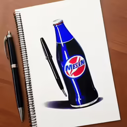 this is an image of a pepsi bottle and pen