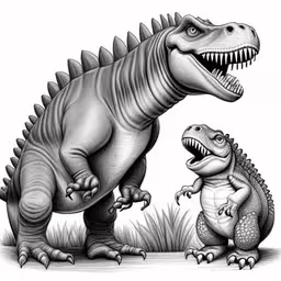 two dinosaurs standing side by side,the dinosaurs are both large and small, with large teeth