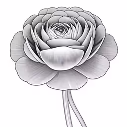a flower that is very big and has long stems,the back side of a flower in black and white,an intricately designed flower, with white petals,an ink drawing of a flower,a flower that looks like it is growing out of a stem